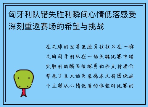 匈牙利队错失胜利瞬间心情低落感受深刻重返赛场的希望与挑战