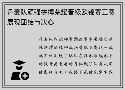 丹麦队顽强拼搏荣耀晋级欧锦赛正赛展现团结与决心
