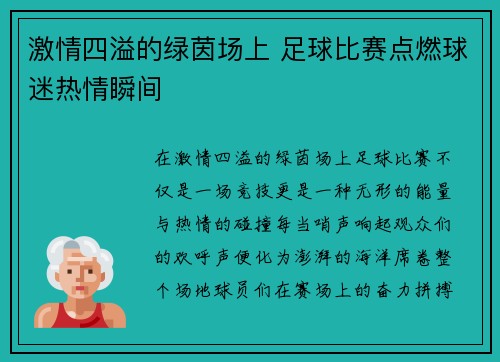 激情四溢的绿茵场上 足球比赛点燃球迷热情瞬间