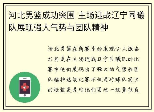 河北男篮成功突围 主场迎战辽宁同曦队展现强大气势与团队精神