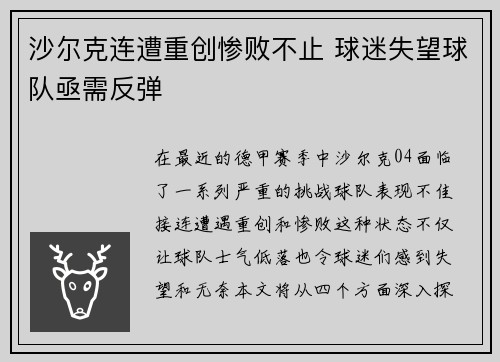 沙尔克连遭重创惨败不止 球迷失望球队亟需反弹