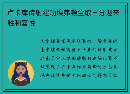 卢卡库传射建功埃弗顿全取三分迎来胜利喜悦
