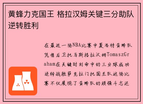 黄蜂力克国王 格拉汉姆关键三分助队逆转胜利