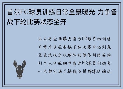 首尔FC球员训练日常全景曝光 力争备战下轮比赛状态全开