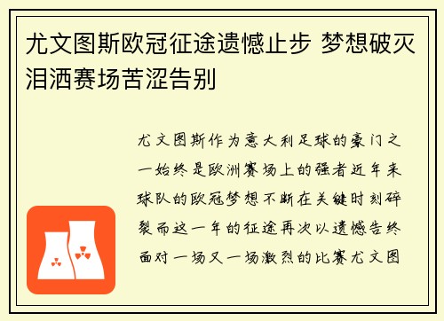 尤文图斯欧冠征途遗憾止步 梦想破灭泪洒赛场苦涩告别