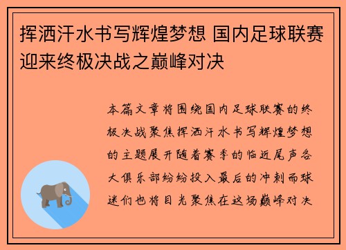 挥洒汗水书写辉煌梦想 国内足球联赛迎来终极决战之巅峰对决