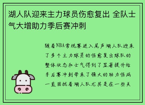 湖人队迎来主力球员伤愈复出 全队士气大增助力季后赛冲刺