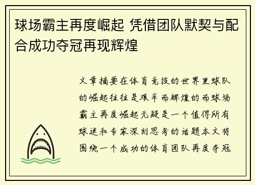 球场霸主再度崛起 凭借团队默契与配合成功夺冠再现辉煌