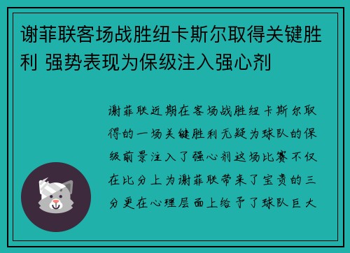 谢菲联客场战胜纽卡斯尔取得关键胜利 强势表现为保级注入强心剂