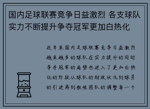 国内足球联赛竞争日益激烈 各支球队实力不断提升争夺冠军更加白热化
